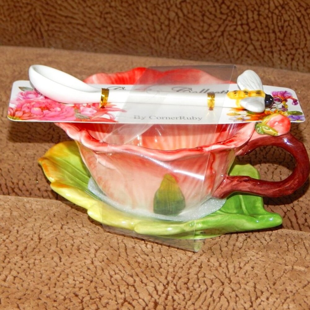 Corner Ruby Garden Collection Salmon Pink Flower Teacup Leaf Saucer & Spoon NWT